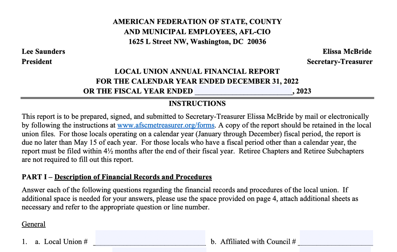 Local Union Annual Financial Report Form — Fillable Version