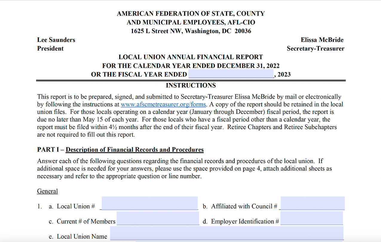 Local Union Annual Financial Report Form — Fillable Version